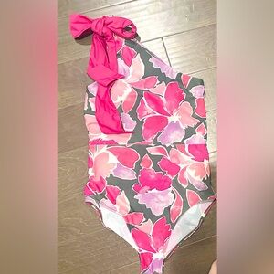 summersalt Floral One-Shoulder Tie-Shoulder One-Piece in Hot Pink and Gray